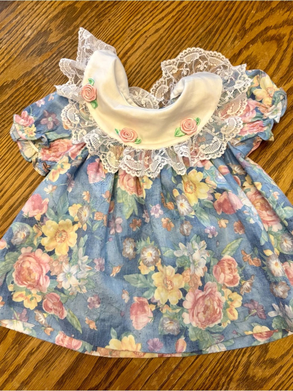 Blue Floral Lace Baby Dress with Pink Rose Appliqués